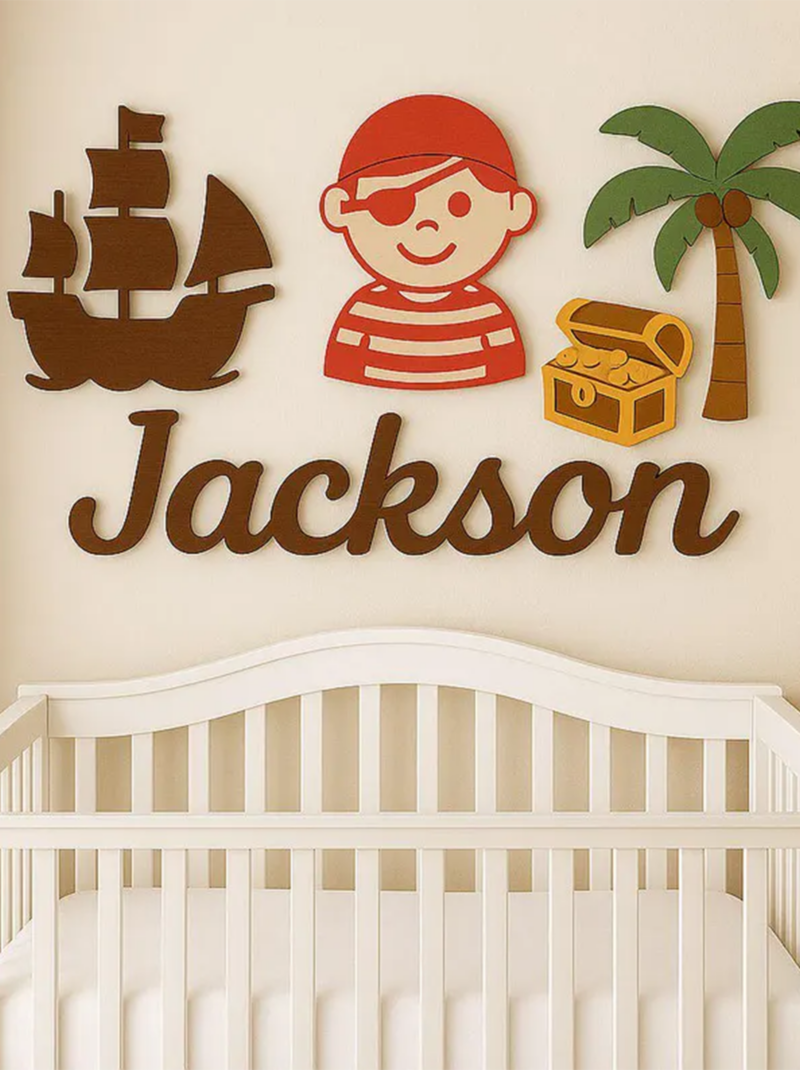 Personalized Pirate Ship Nursery Name Sign, Custom 3D Wooden Baby Name Plaque Above Crib, Adventure Nursery Wall Decor, Baby Shower Gift.