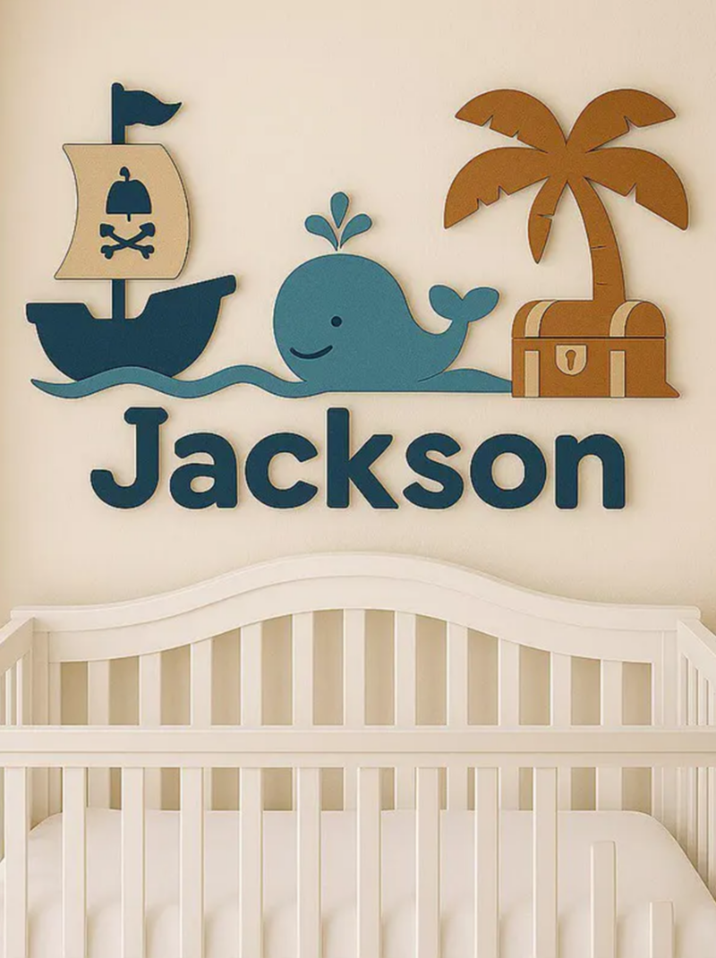 Custom Pirate Ship Baby Name Sign, Personalized 3D Wooden Nursery Wall Plaque, Nautical Adventure Nursery Decor, Perfect Baby Shower Gift.
