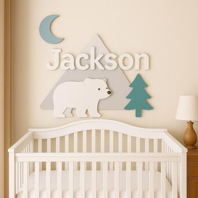Personalized Polar Bear Nursery Name Sign, Custom 3D Wooden Baby Name Plaque Above Crib, Cute Winter Nursery Wall Decor, Baby Shower Gift.