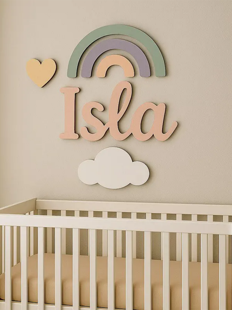 Rainbow Wooden Nursery Name Sign, Custom Baby Name Wall Art, Pastel Nursery Decor Baby Shower Gift.