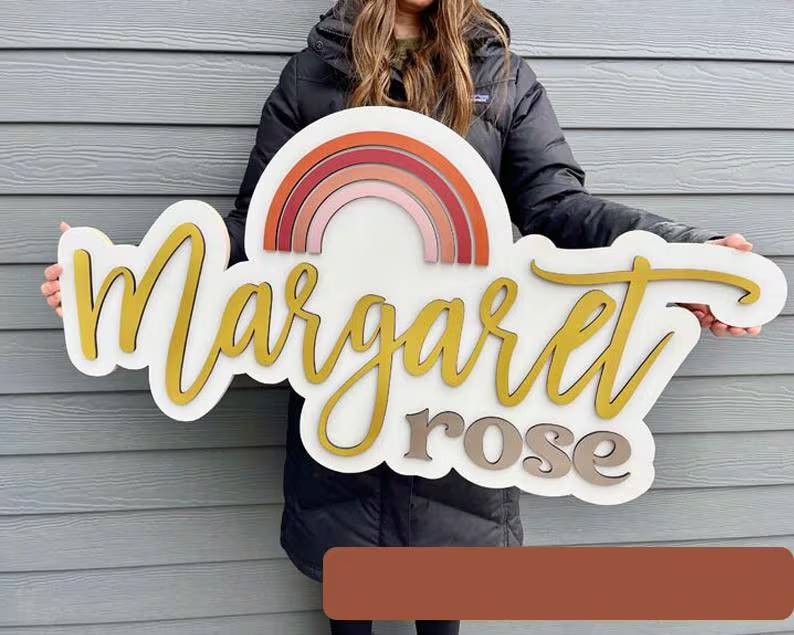 Rainbow Name Sign Personalized – Large Wooden Nursery Name Sign, Layered 3D Cut Out Above Crib Wall Decor.