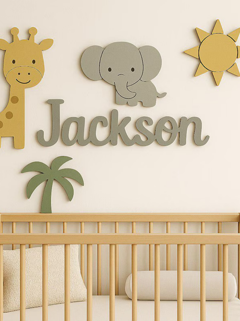 Personalized Safari Animal Baby Name Sign, Custom Wooden Nursery Wall Art Above Crib, Baby Shower Gift.