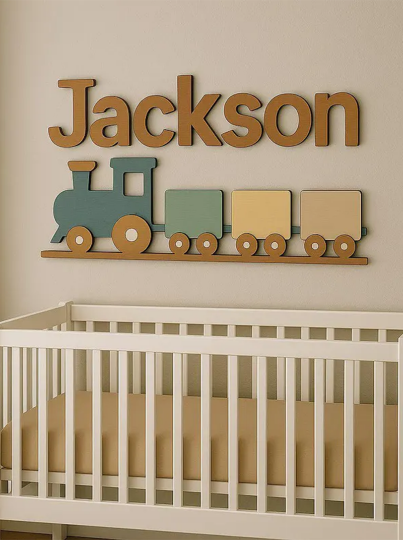 Train Nursery Name Sign, Personalized Wooden Baby Name Plaque, 3D Nursery Wall Decor for Baby Room.