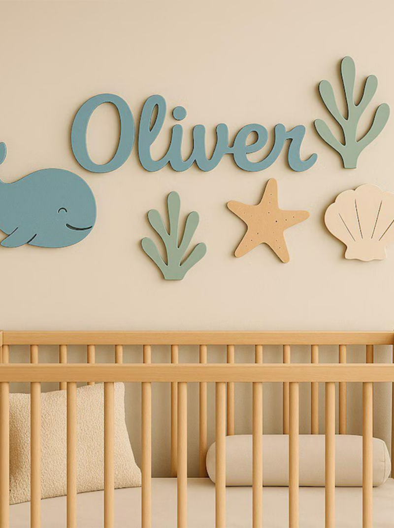 Under the Sea Nursery Name Sign Above Crib, Personalized Wooden Baby Name Plaque, Ocean Nursery Wall Decor.