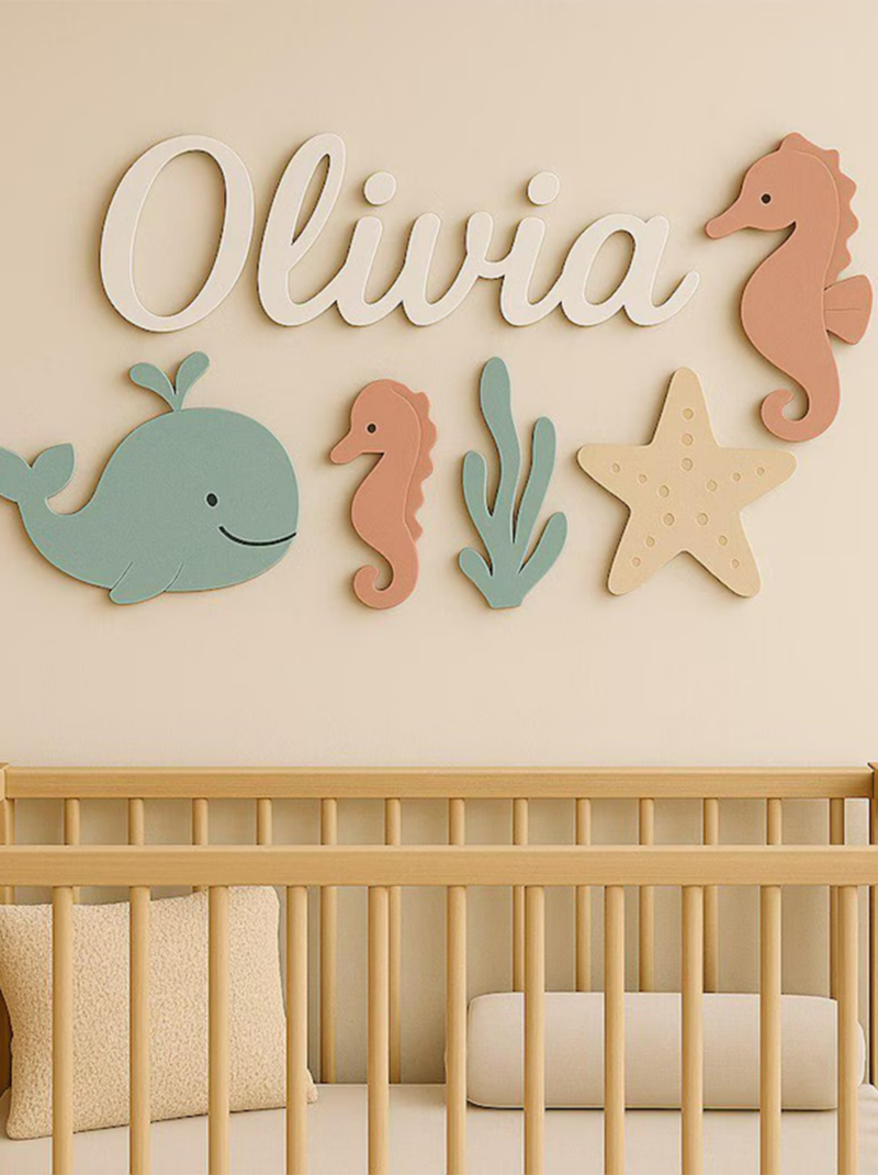Wooden Under the Sea Nursery Name Sign, Custom 3D Baby Name Wall Decor, Ocean Nursery Decor Gift.