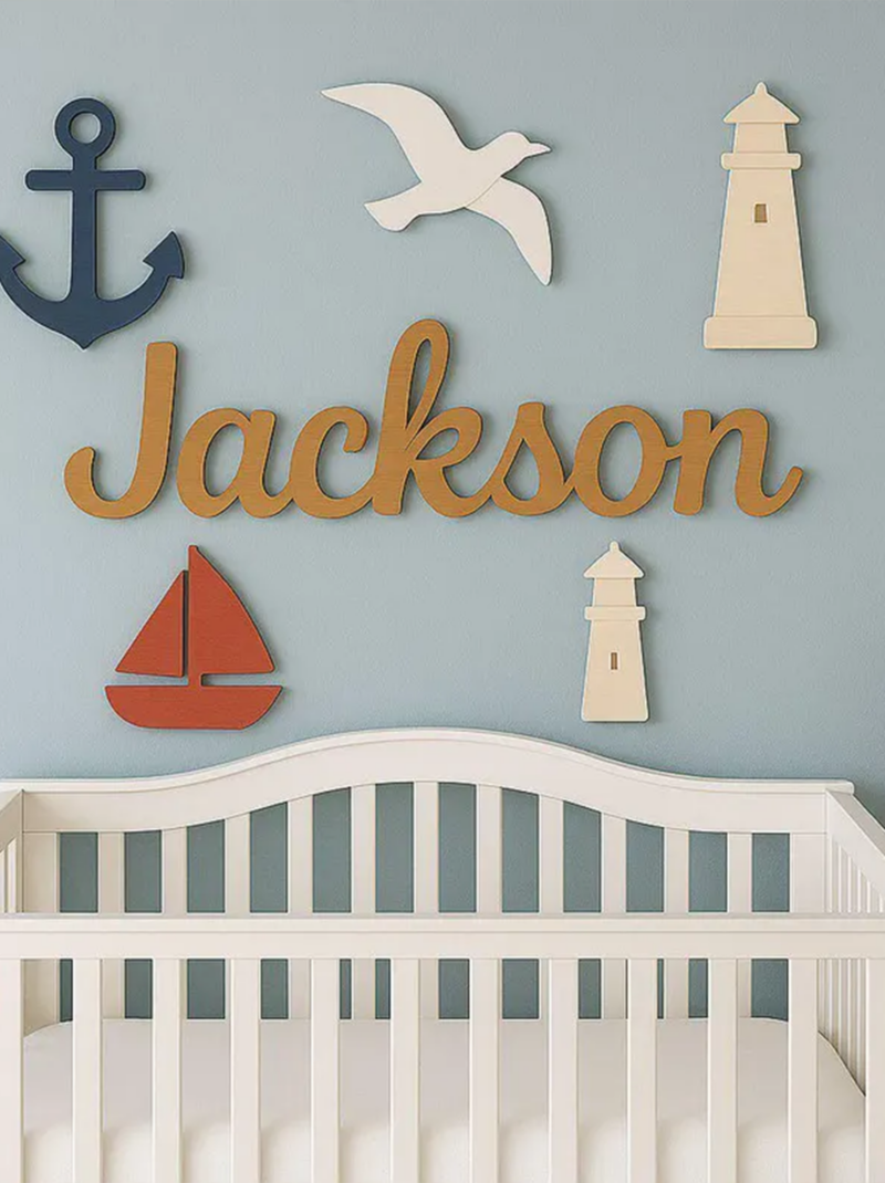 Whale and Dolphin Nursery Name Sign, Personalized Wooden Baby Name Plaque, 3D Ocean Nursery Wall Decor.