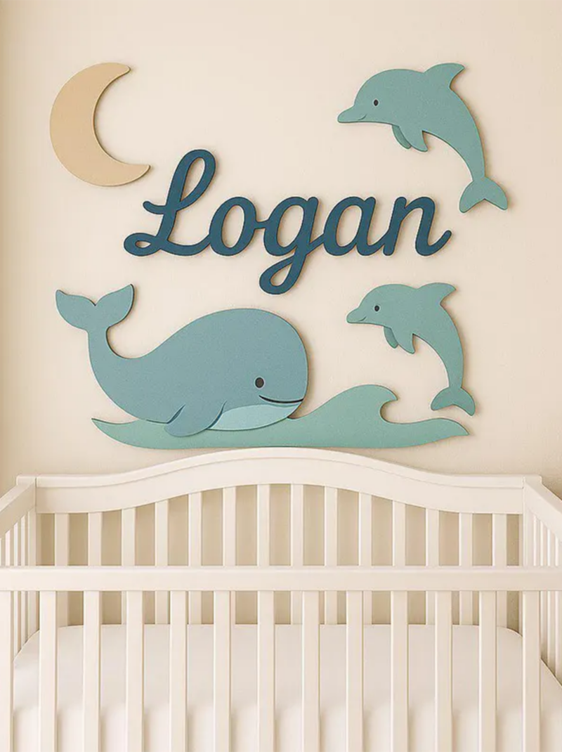 Wooden Whale and Dolphin Nursery Name Sign, Custom Baby Name Wall Decor, 3D Ocean Nursery Decor Gift.
