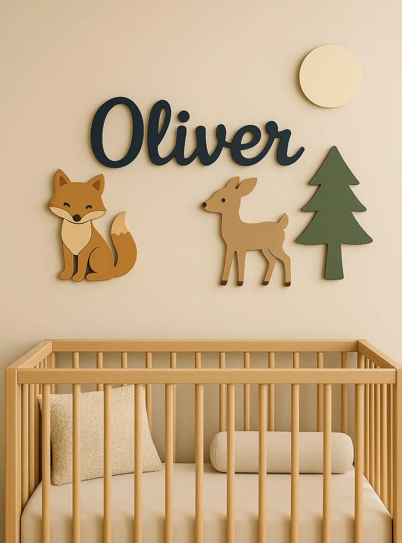 Personalized Woodland Animal Baby Name Sign, Custom Wooden Nursery Wall Art Above Crib, Baby Shower Gift.