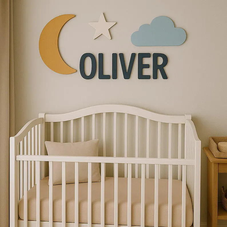 Moon and Stars Nursery Name Sign Above Crib, Personalized Wooden Baby Name Plaque, 3D Nursery Wall Decor.