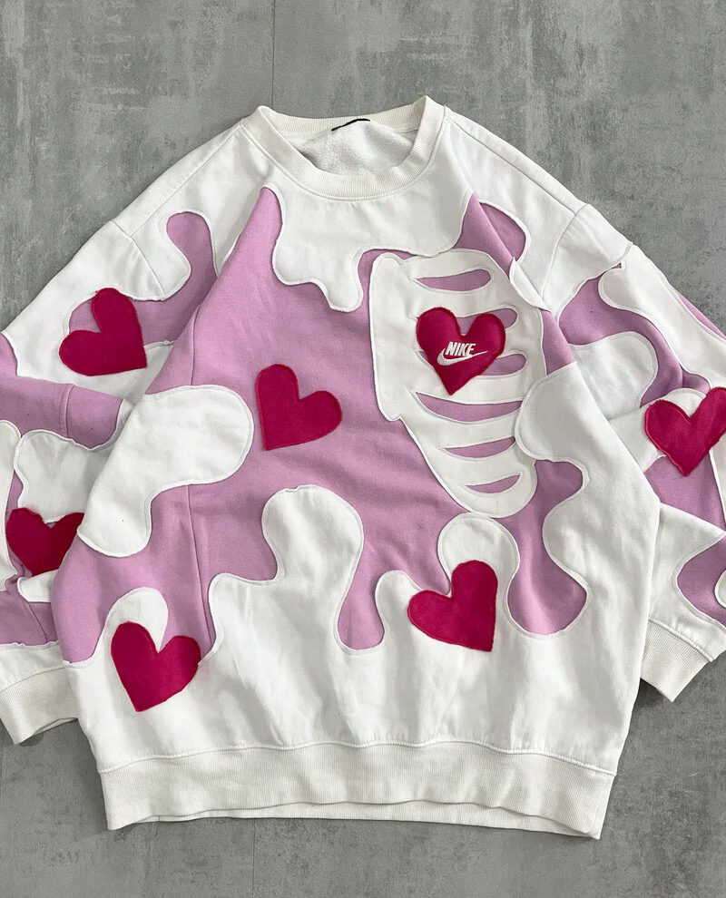Handmade Patchwork Skeleton Sweatshirt, Heart Graphic Streetwear Crewneck